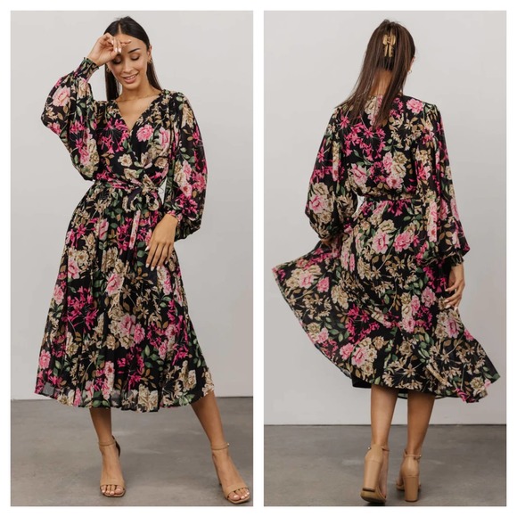 Baltic Born Dresses & Skirts - Baltic Born Laurie Pleated Midi Dress S Black Floral Balloon Sleeve Faux Wrap